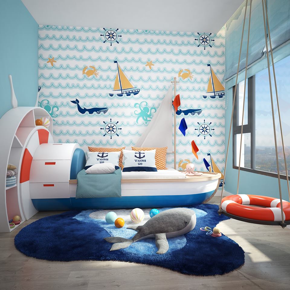 Phòng ngủ trẻ em căn hộ 2PN mẫu tại dự án The Infiniti at Riviera Point.