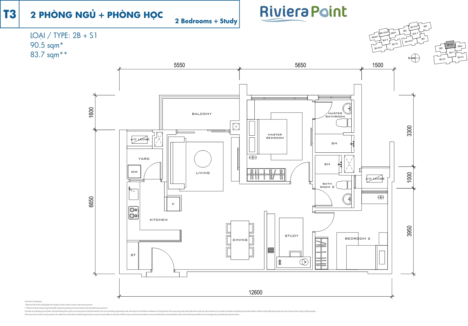 Mặt bằng căn hộ Riviera Point quận 7 layout căn 2 phòng ngủ loại 90.5m2 - T3 2PN - 2B+S1