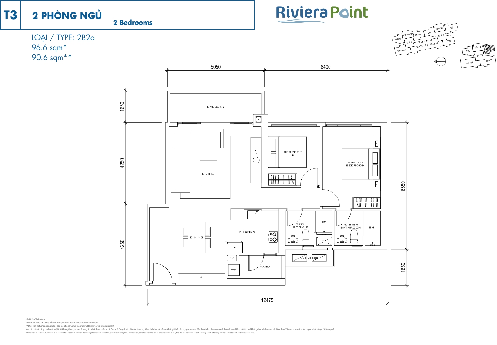 Mặt bằng căn hộ Riviera Point quận 7 layout căn 2 phòng ngủ loại 96.6m2 - T3 2PN - 2B2a