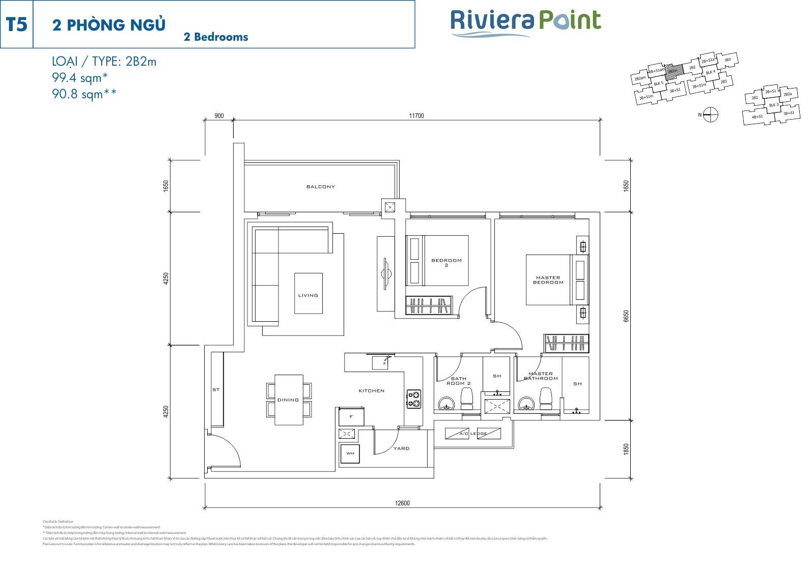 Mặt bằng căn hộ Riviera Point quận 7 layout căn 2 phòng ngủ loại 99.4m2 (2PN)- T5 - 2B2m