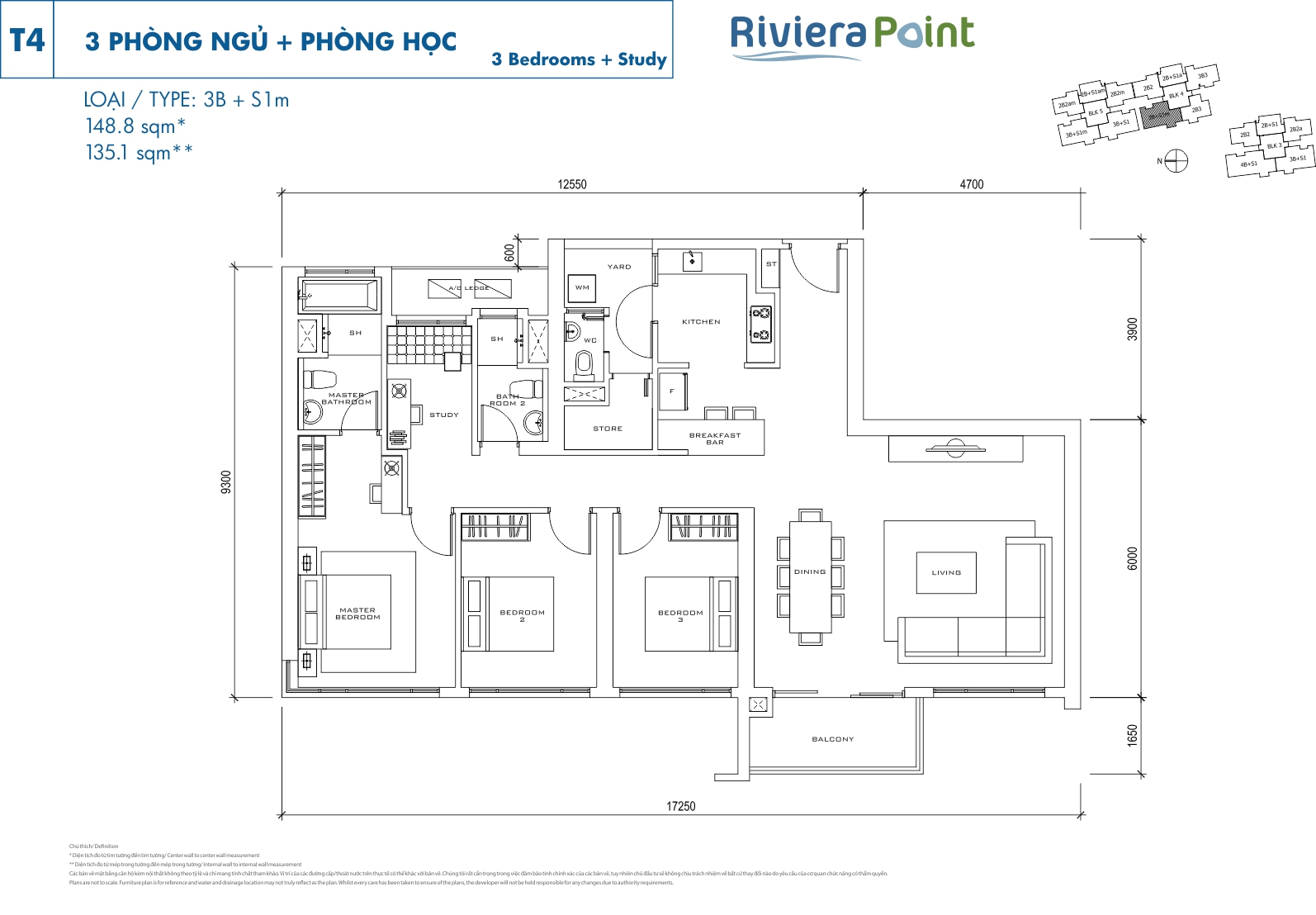 Mặt bằng căn hộ Riviera Point quận 7 layout căn 3 phòng ngủ lớn loại 148.8m2 (3PN) - T4 - 3B+S1m
