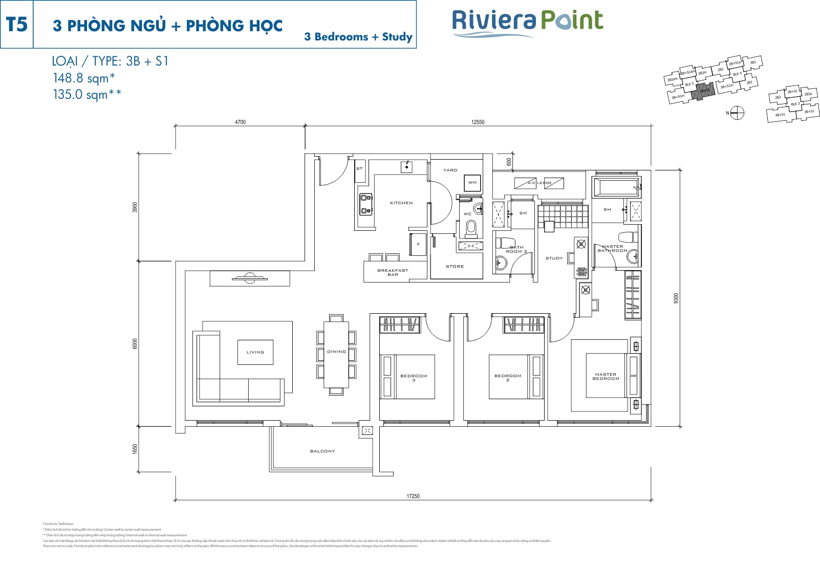 Mặt bằng căn hộ Riviera Point quận 7 layout căn 3 phòng ngủ lớn loại 148.8m2 (3PN) - T5 - 3B+S1